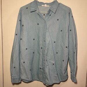 Womens 100% cotton long sleeve button down with star embroidery